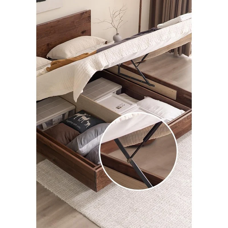 Modern Walnut Wood Platform Bed with Storage