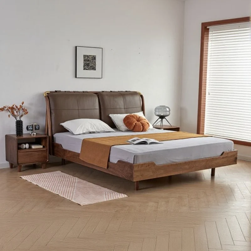 Essence Walnut Wood Bed Frame with Two Cushions on Headboard