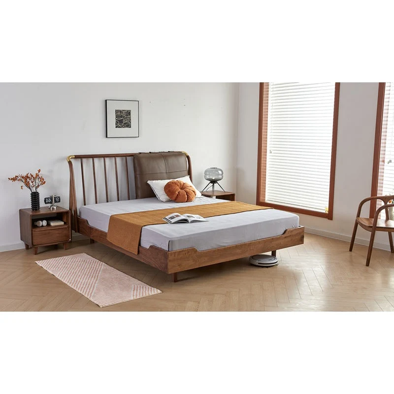 Essence Walnut Wood Bed Frame with Two Cushions on Headboard