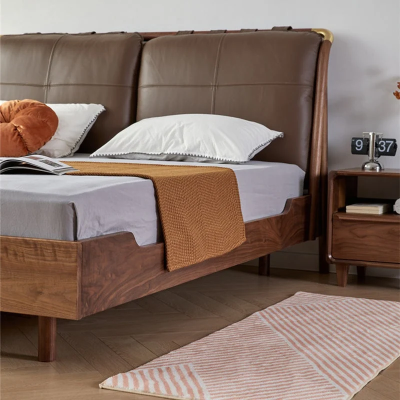 Essence Walnut Wood Bed Frame with Two Cushions on Headboard