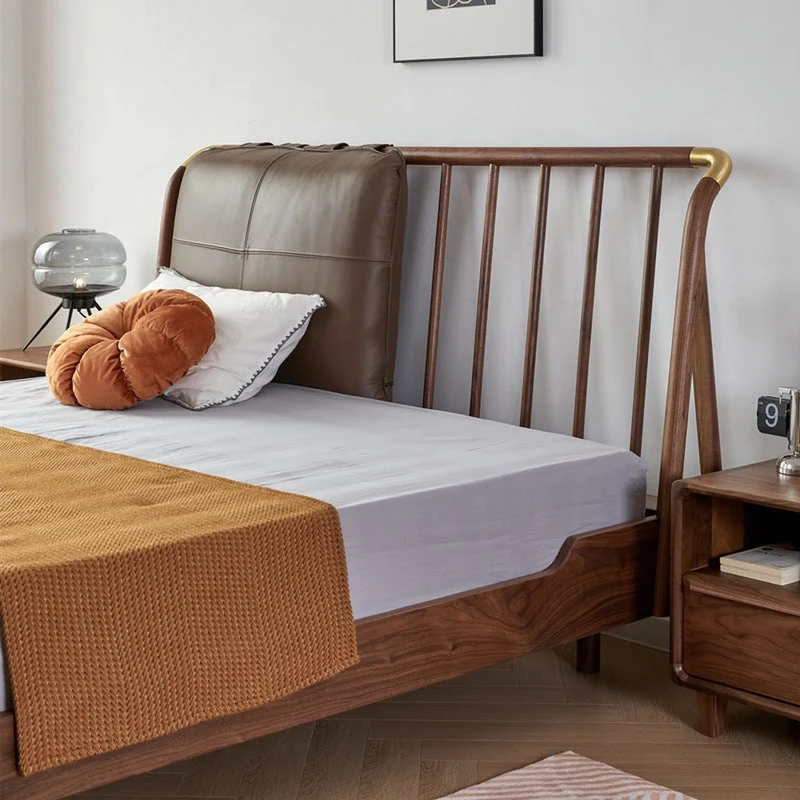 Essence Walnut Wood Bed Frame with Two Cushions on Headboard