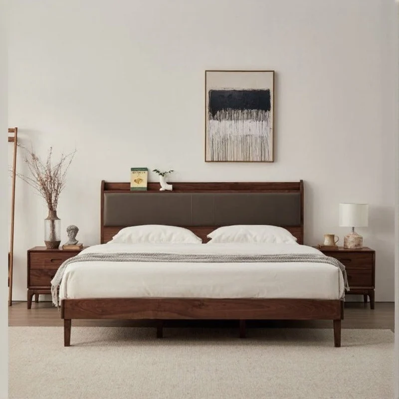 Solid Black Walnut Wood Bed Frame with Leather Headboard