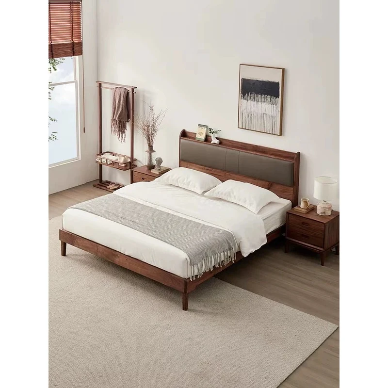 Solid Black Walnut Wood Bed Frame with Leather Headboard