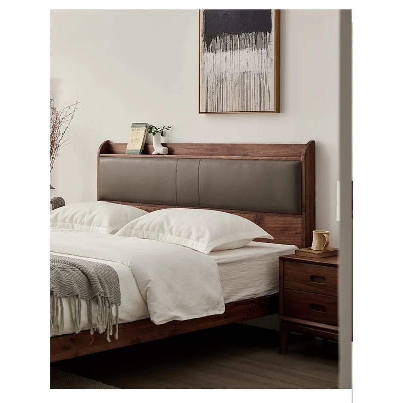 Solid Black Walnut Wood Bed Frame with Leather Headboard