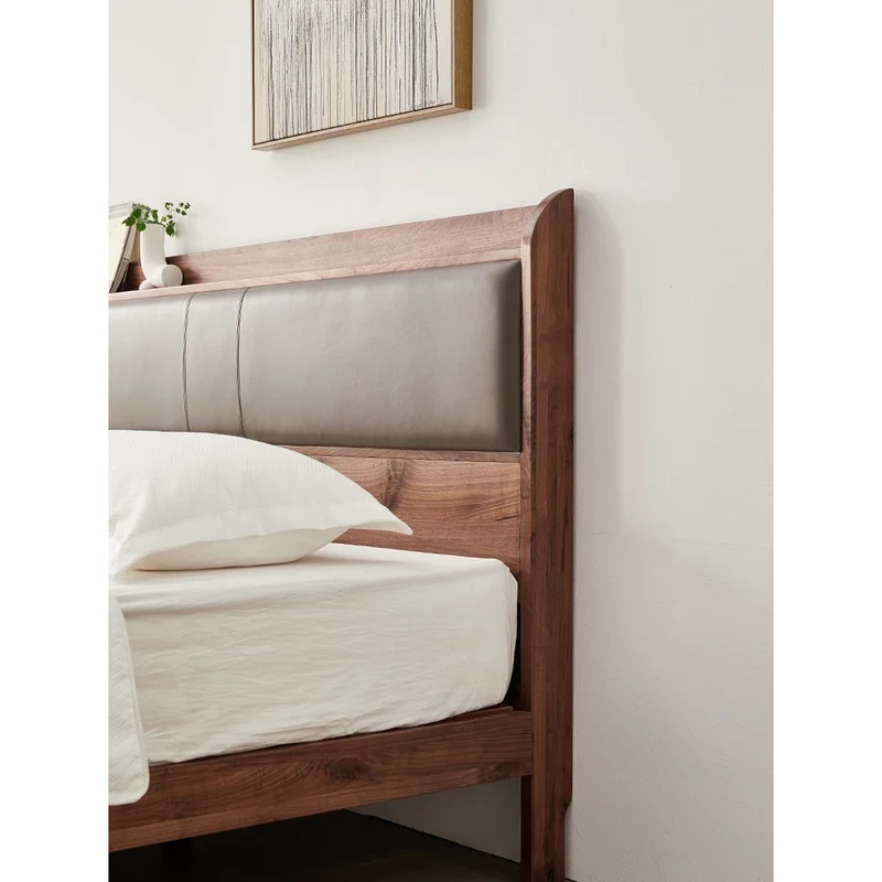 Solid Black Walnut Wood Bed Frame with Leather Headboard