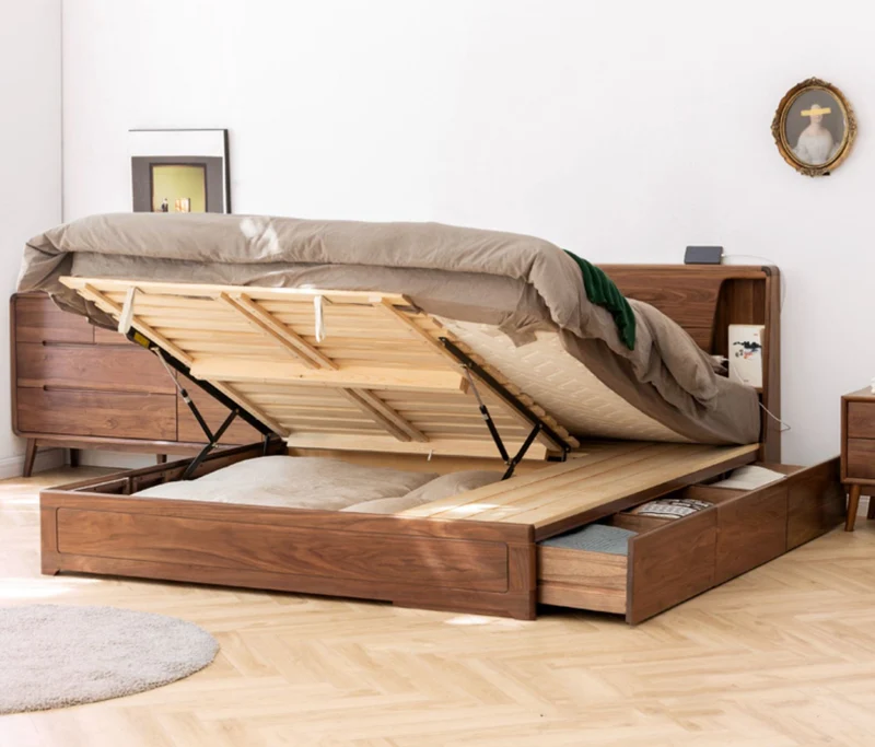 72" x 84" Solid Black Walnut Wood Hydraulic Bed with Storage
