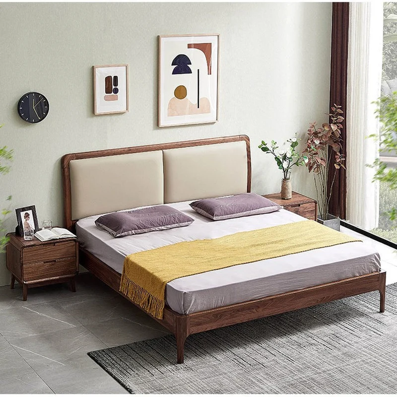 Sculpted Round Edge Headboard Walnut Wood Platform Bed Frame