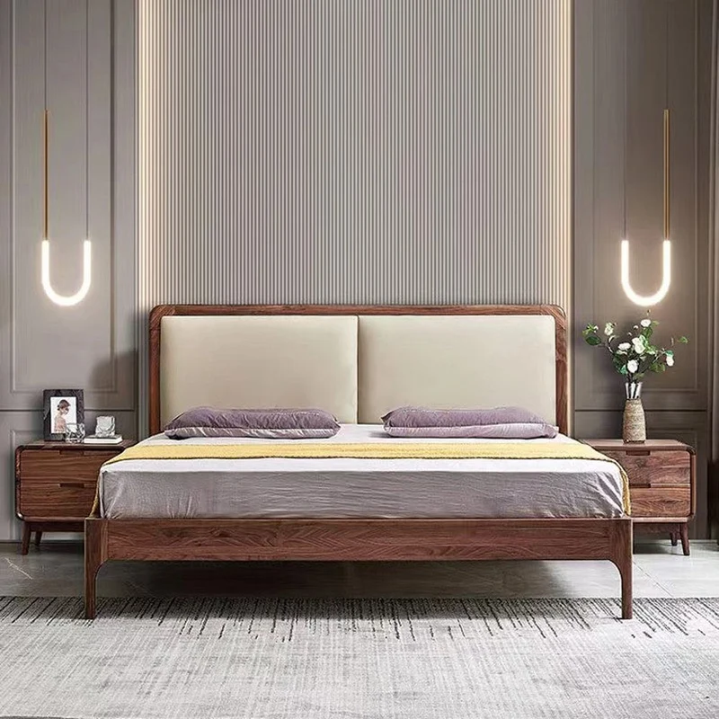 Sculpted Round Edge Headboard Walnut Wood Platform Bed Frame