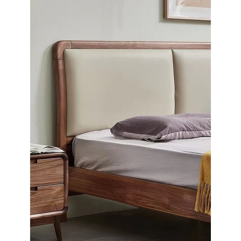Sculpted Round Edge Headboard Walnut Wood Platform Bed Frame