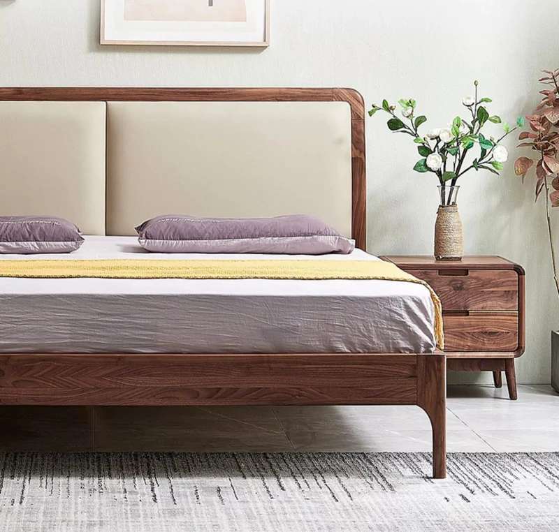 Sculpted Round Edge Headboard Walnut Wood Platform Bed Frame