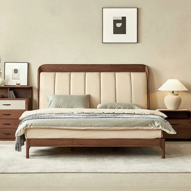 New Modern Solid Black Walnut Wood Real Leather Bed