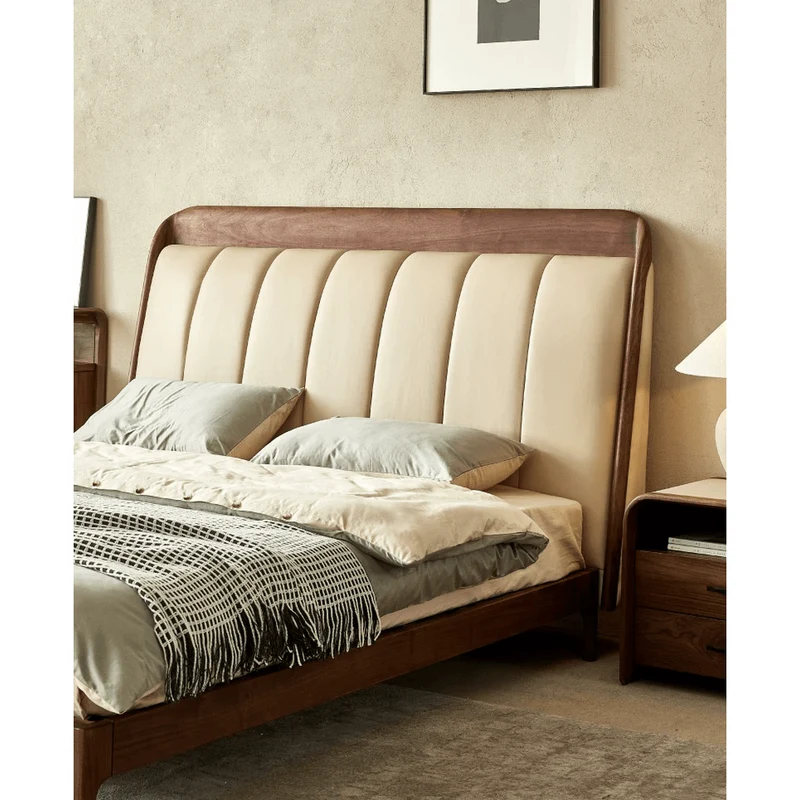 New Modern Solid Black Walnut Wood Real Leather Bed