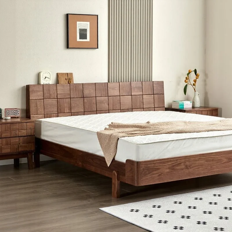 Celestial Solid Black Walnut Wood Bed with Grid Headboard