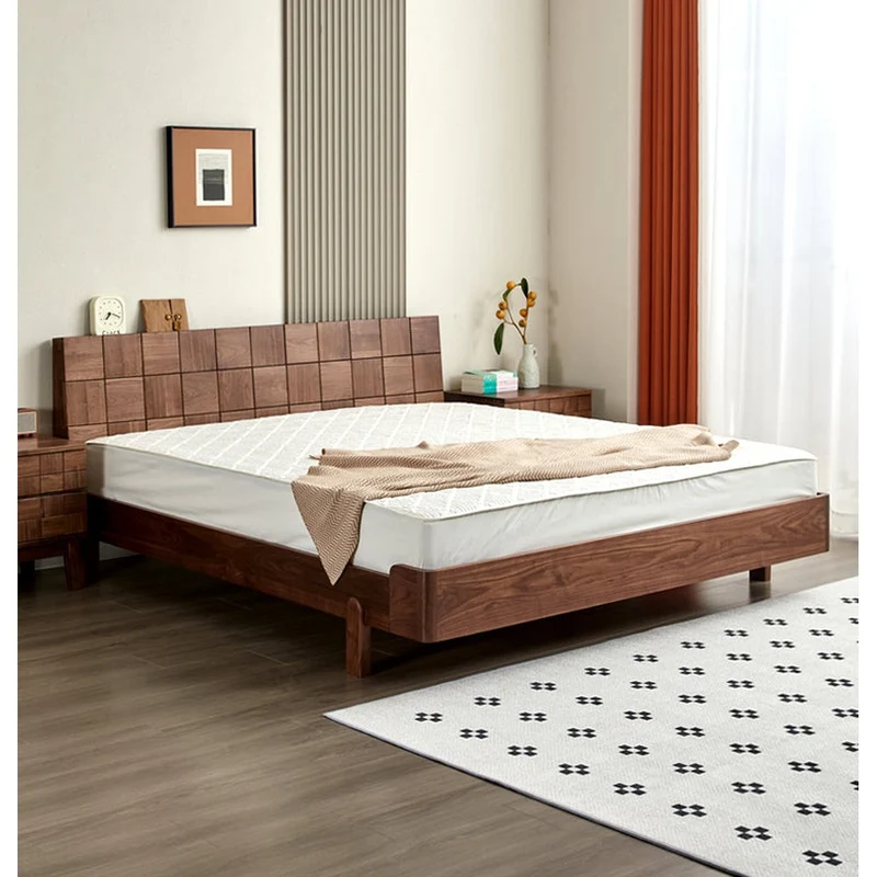 Celestial Solid Black Walnut Wood Bed with Grid Headboard