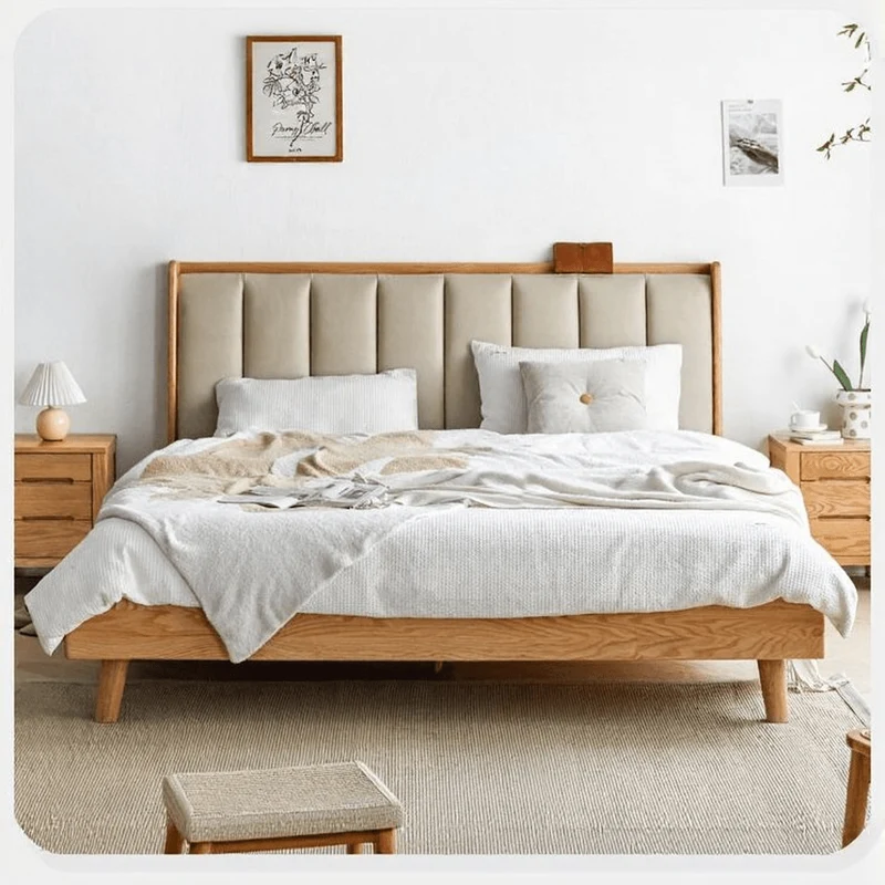 Legacy Oak Wood Real Leather Bed Frame