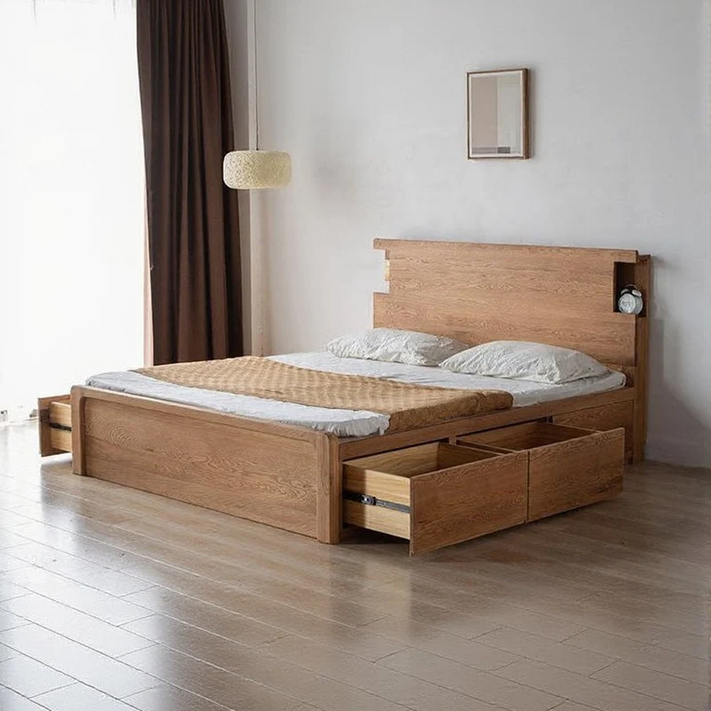White Oak Wood Hydraulic Bed with Storage Compartments
