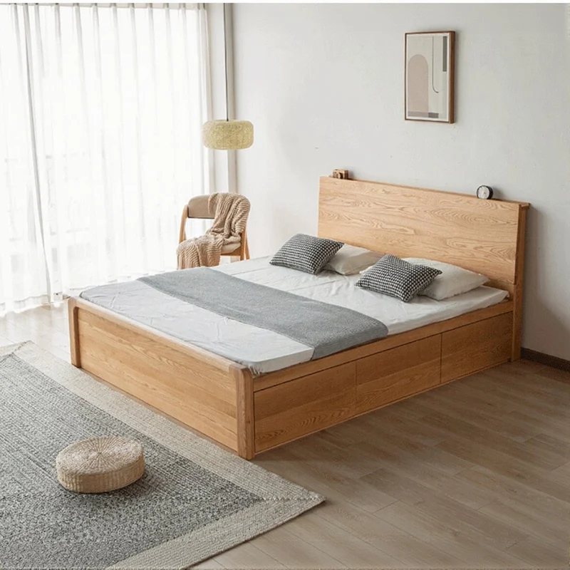 Large Oak Wood Hydraulic Bed with Storage Compartments