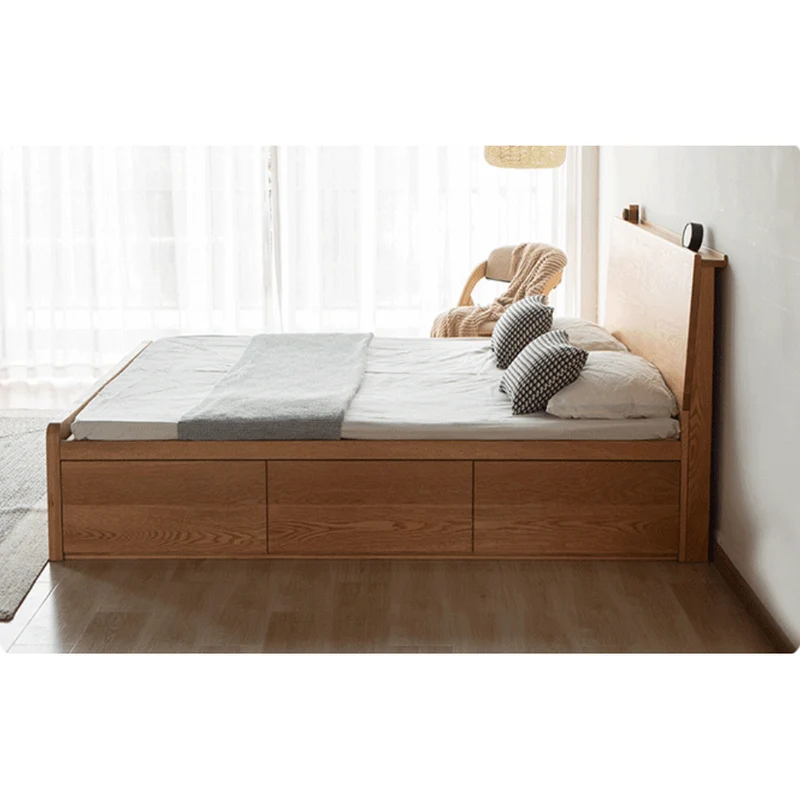 Large Oak Wood Hydraulic Bed with Storage Compartments