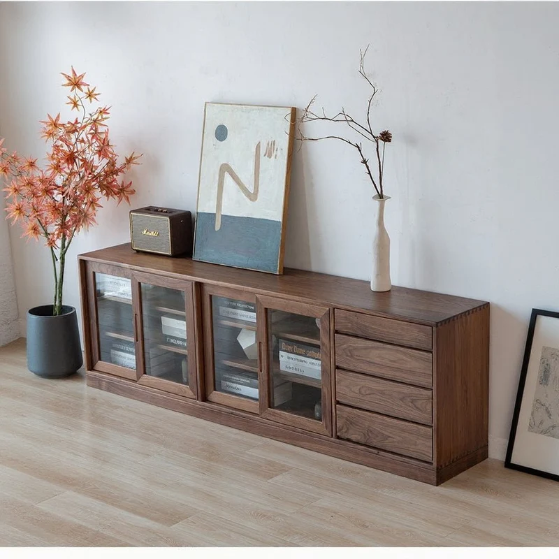 Sculpted Low Flat and Long Walnut Wood Bookcase