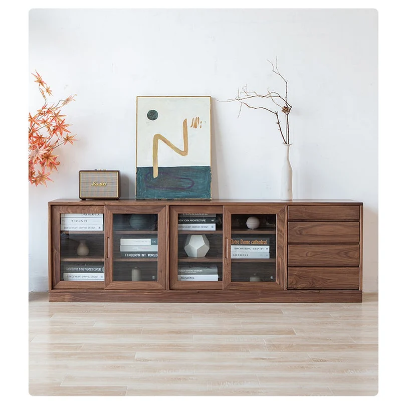 Sculpted Low Flat and Long Walnut Wood Bookcase