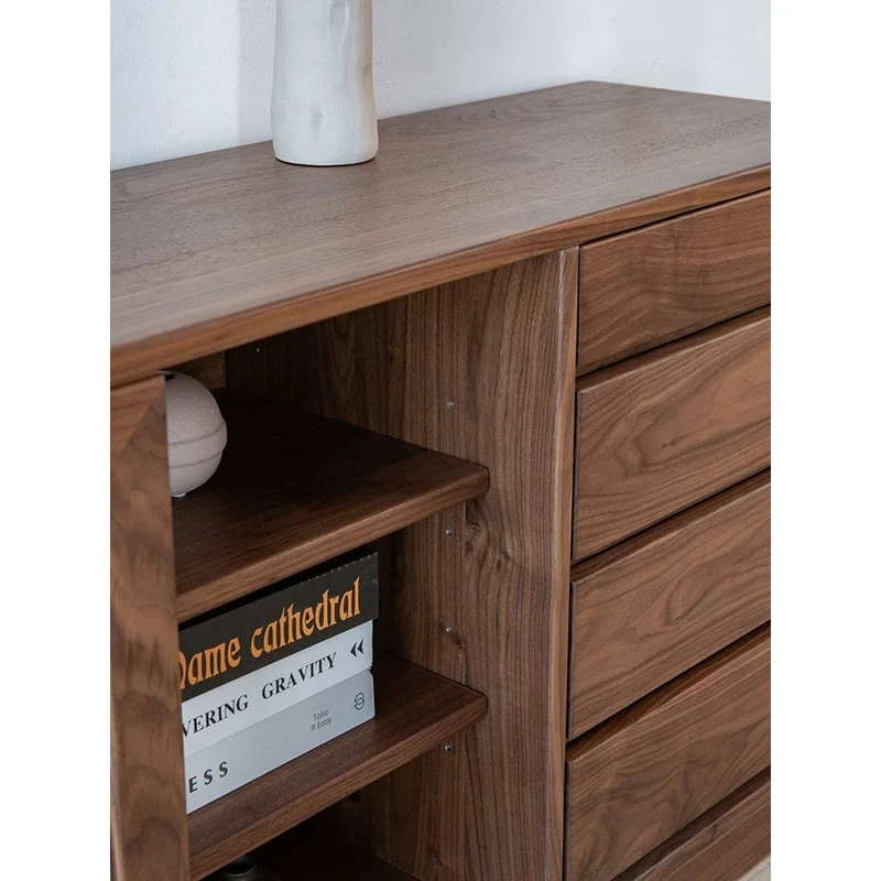 Sculpted Low Flat and Long Walnut Wood Bookcase