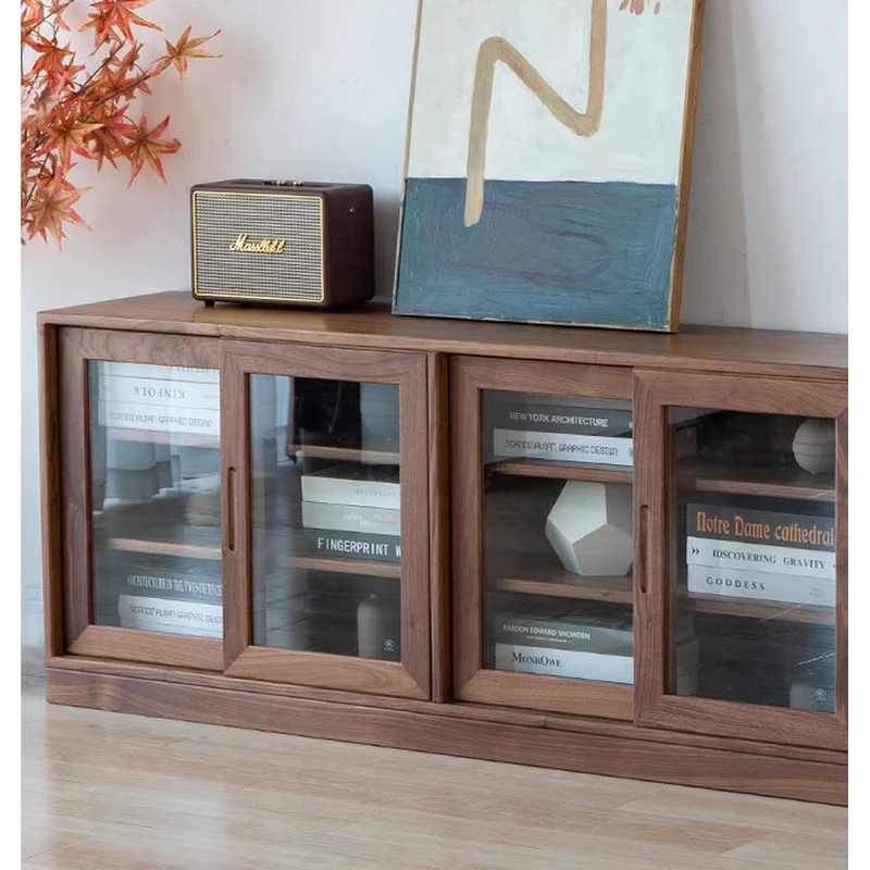 Sculpted Low Flat and Long Walnut Wood Bookcase
