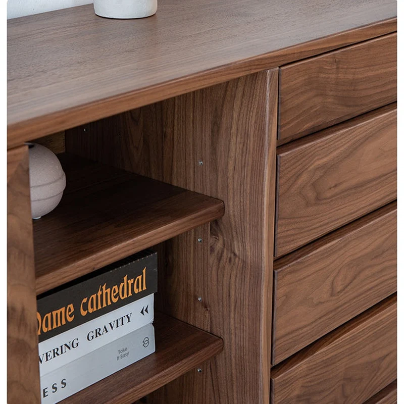 Sculpted Low Flat and Long Walnut Wood Bookcase