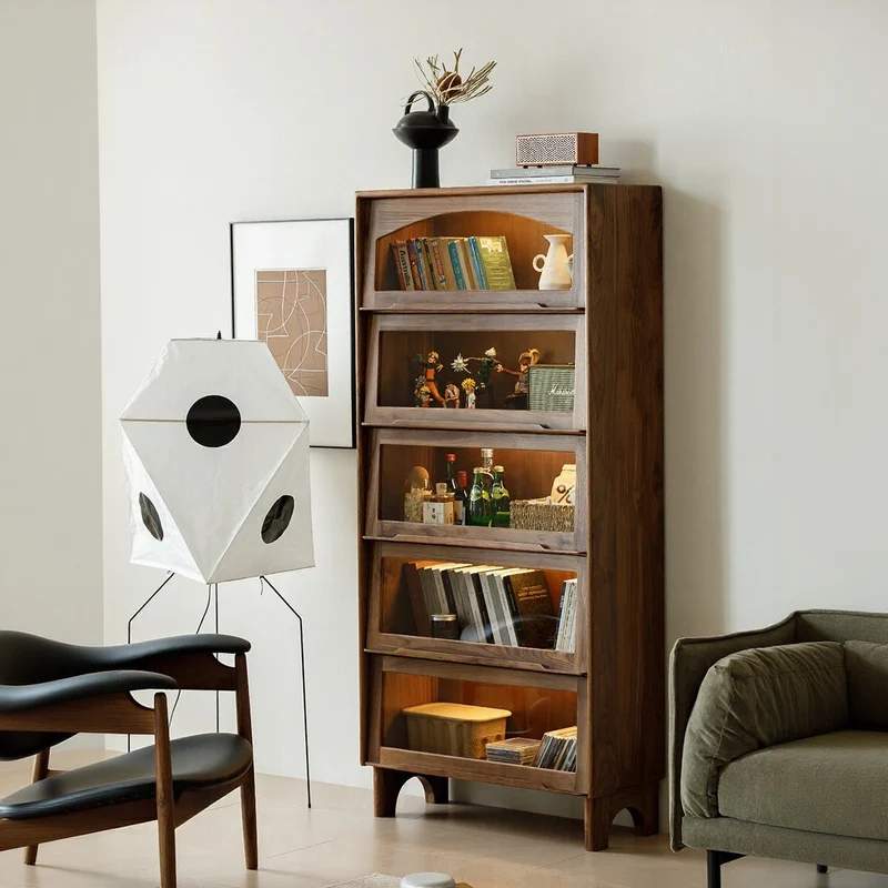 Luxe 5-Tier Glass Handle Display Walnut Bookcase