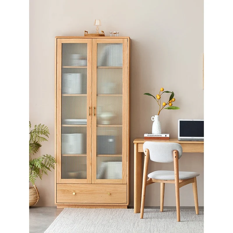 White Oak Wood Bookcase with Doors