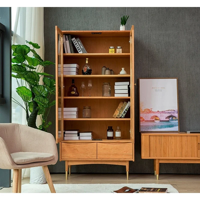 Solid American Cherry Wood Bookcase with Glass Doors