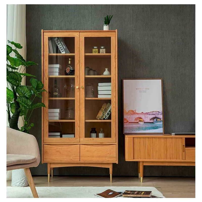 Solid American Cherry Wood Bookcase with Glass Doors