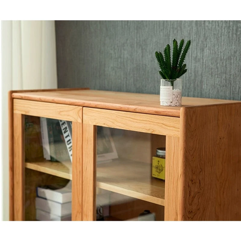 Solid American Cherry Wood Bookcase with Glass Doors