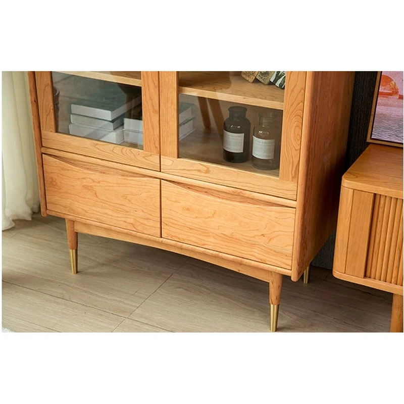 Solid American Cherry Wood Bookcase with Glass Doors