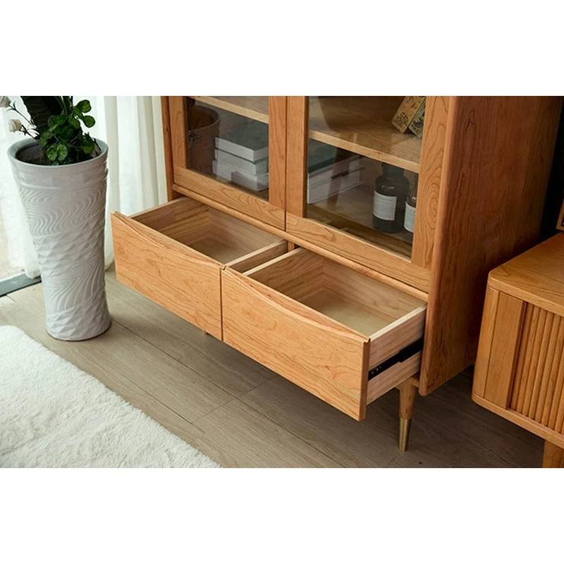 Solid American Cherry Wood Bookcase with Glass Doors