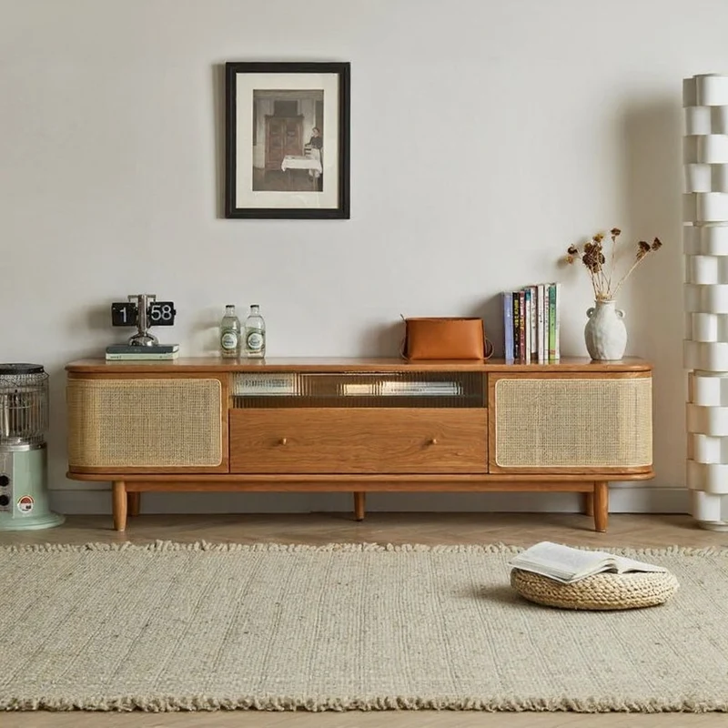 Heritage Cherry Wood TV Stand with Rattan Door