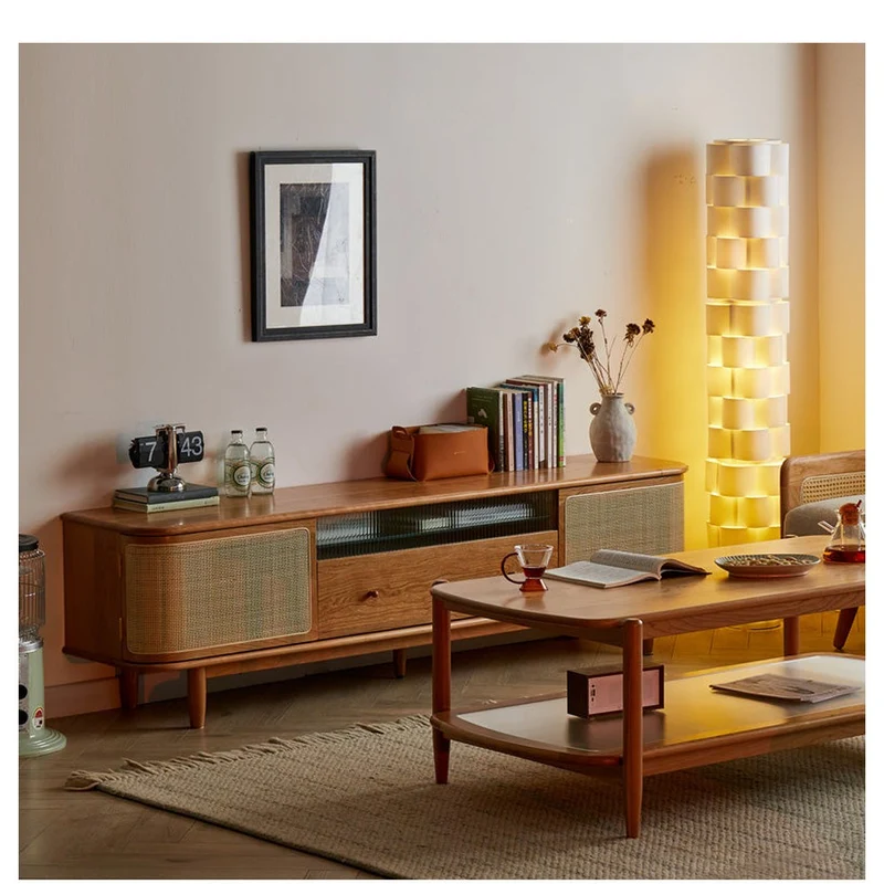 Heritage Cherry Wood TV Stand with Rattan Door