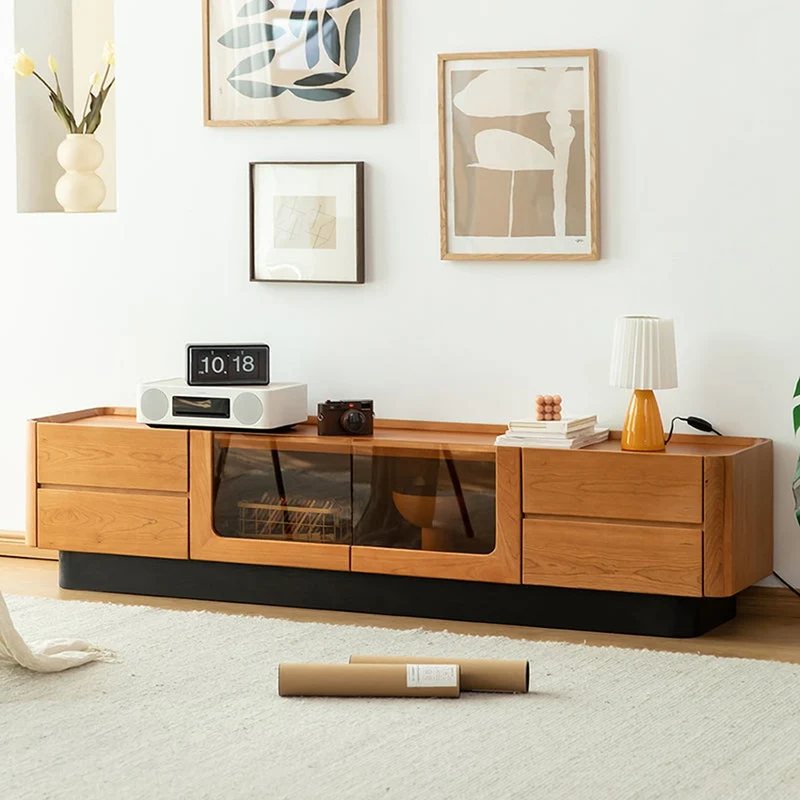 Elegant Glass Solid Cherry Wood TV Stand