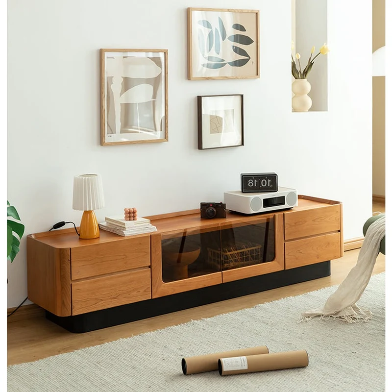 Elegant Glass Solid Cherry Wood TV Stand