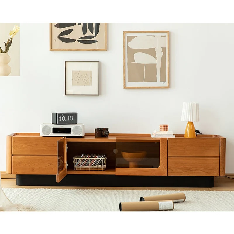 Elegant Glass Solid Cherry Wood TV Stand