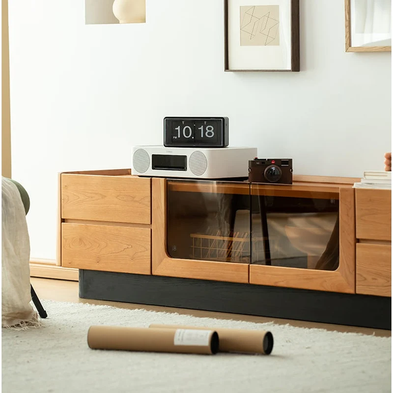 Elegant Glass Solid Cherry Wood TV Stand
