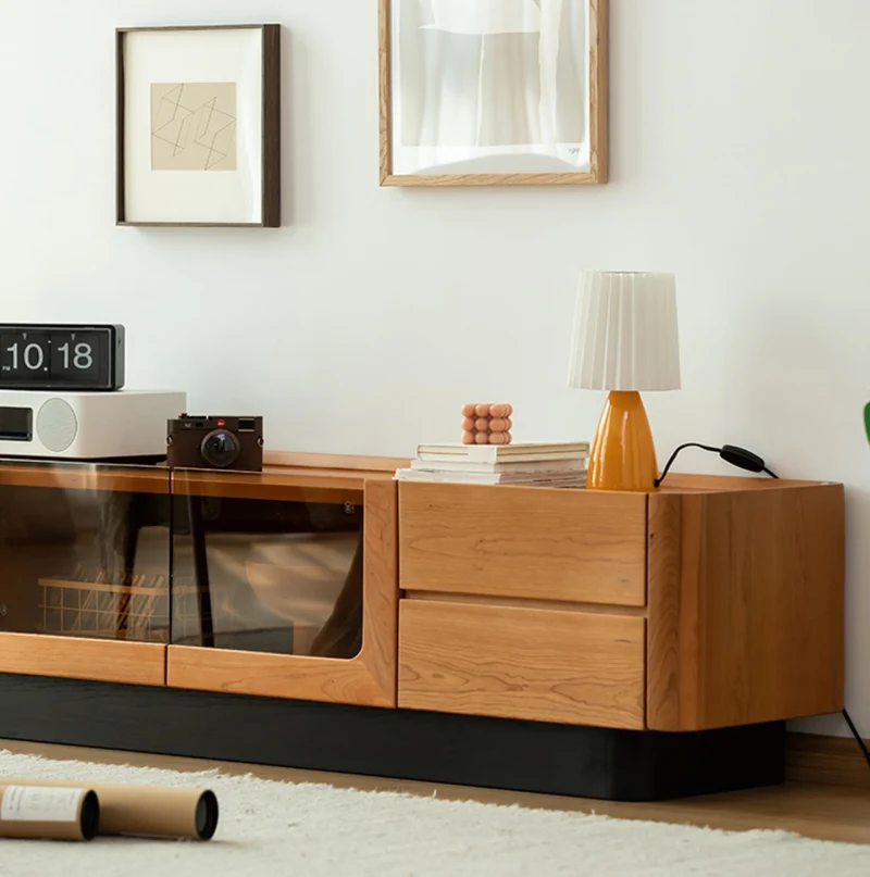 Elegant Glass Solid Cherry Wood TV Stand