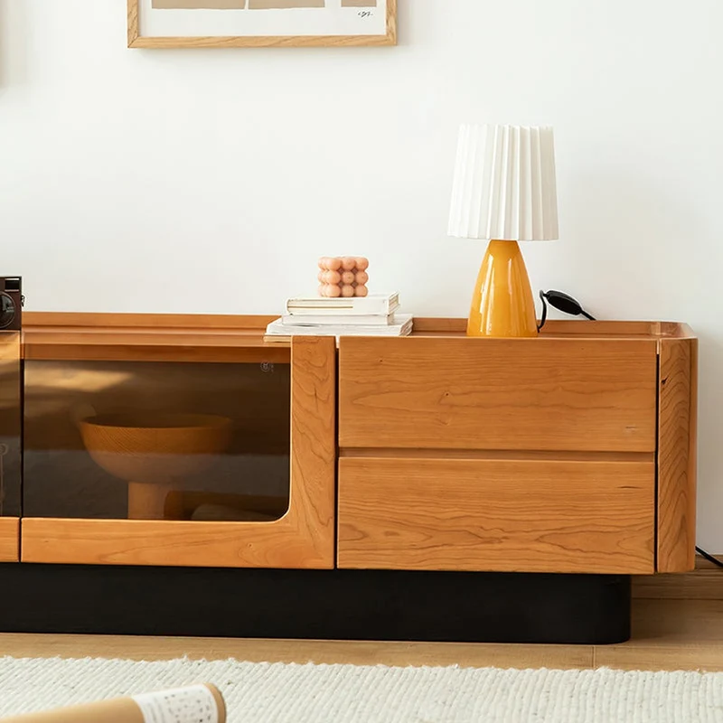 Elegant Glass Solid Cherry Wood TV Stand