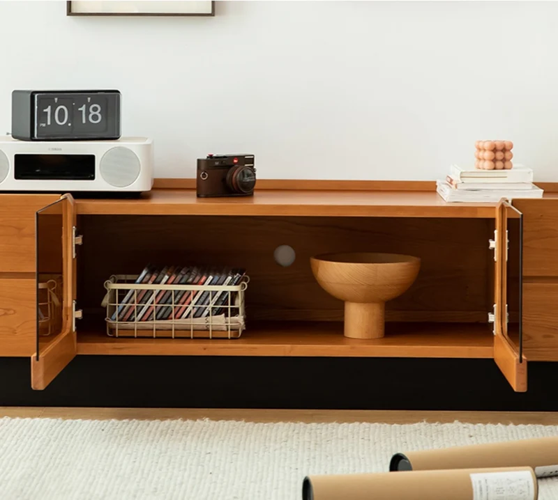 Elegant Glass Solid Cherry Wood TV Stand
