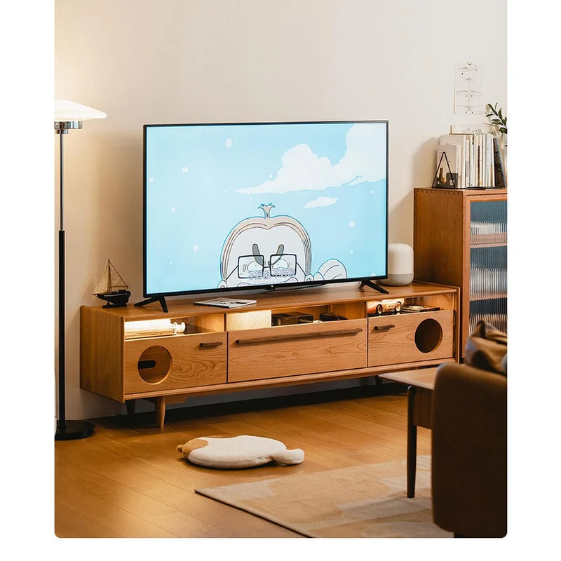 Versatile Cherry Wood Entertainment Stand with Cat Drawers