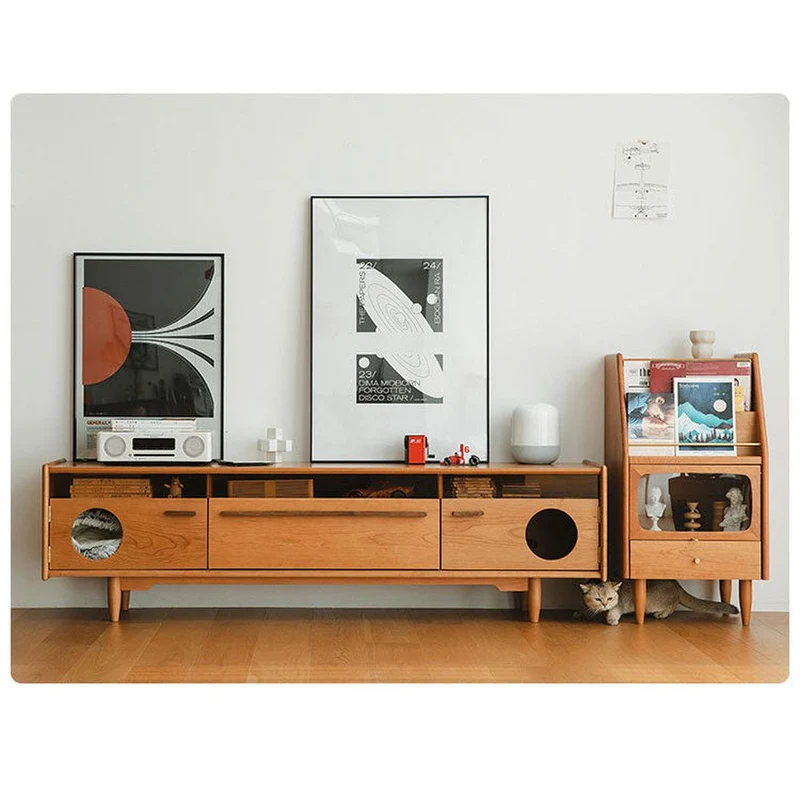 Versatile Cherry Wood Entertainment Stand with Cat Drawers