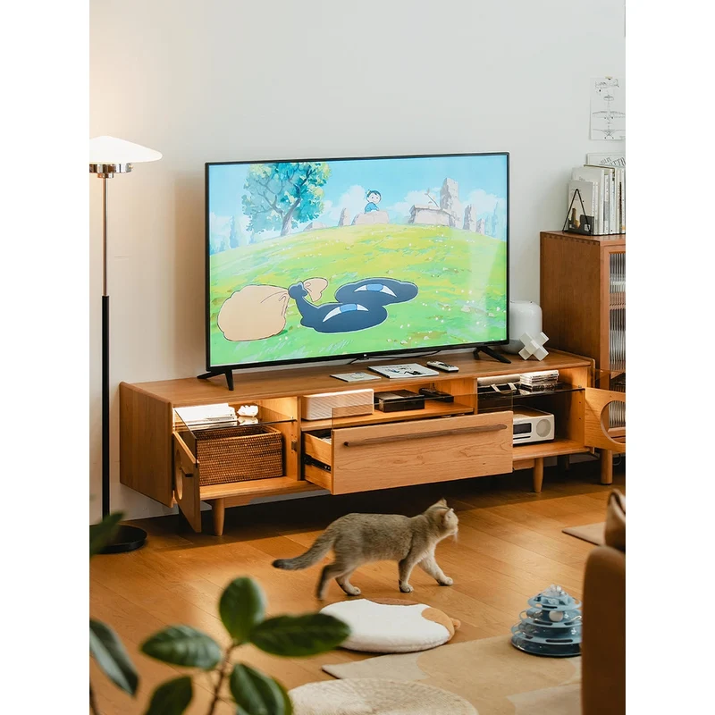 Versatile Cherry Wood Entertainment Stand with Cat Drawers