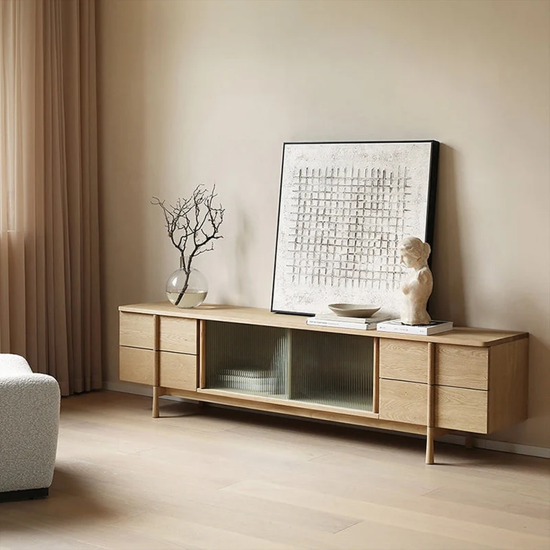 Japandi Art Deco White Oak Wood TV Stand