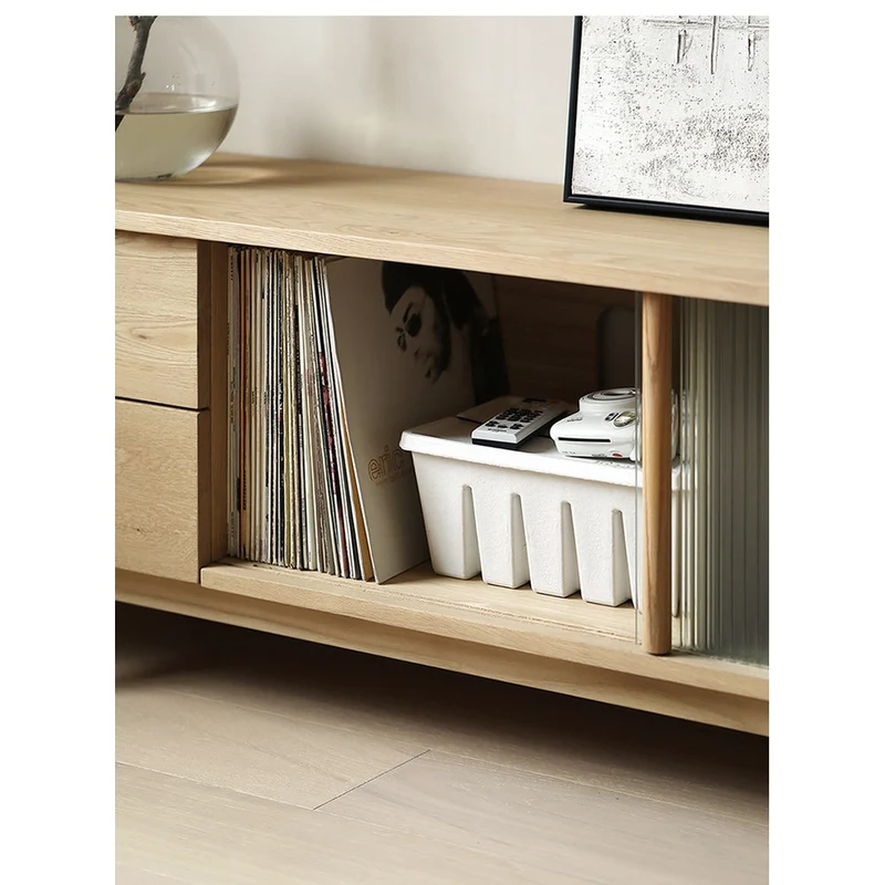 Japandi Art Deco White Oak Wood TV Stand