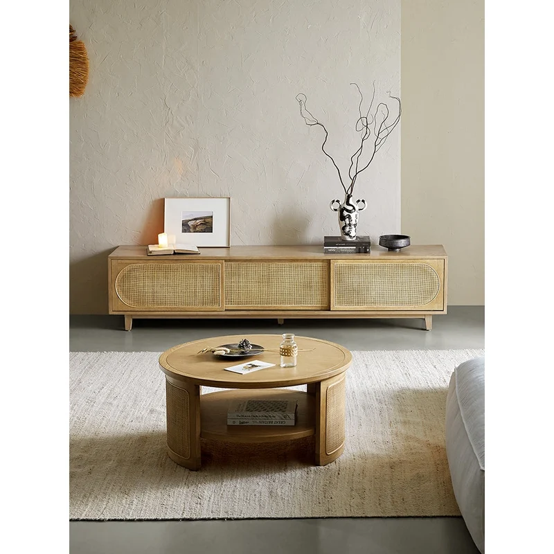 Scandinavian-Inspired Oak Wood Media Unit with Rattan Drawers