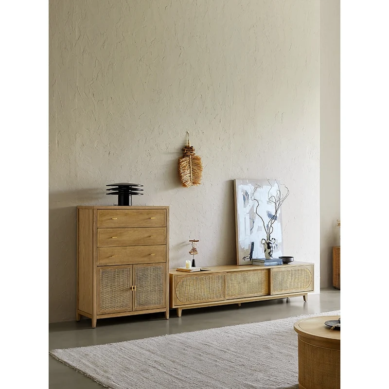 Scandinavian-Inspired Oak Wood Media Unit with Rattan Drawers
